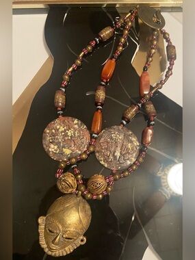 Vintage Artisan African-Inspired Brass Mask Pendant Necklace in Brown and Gold